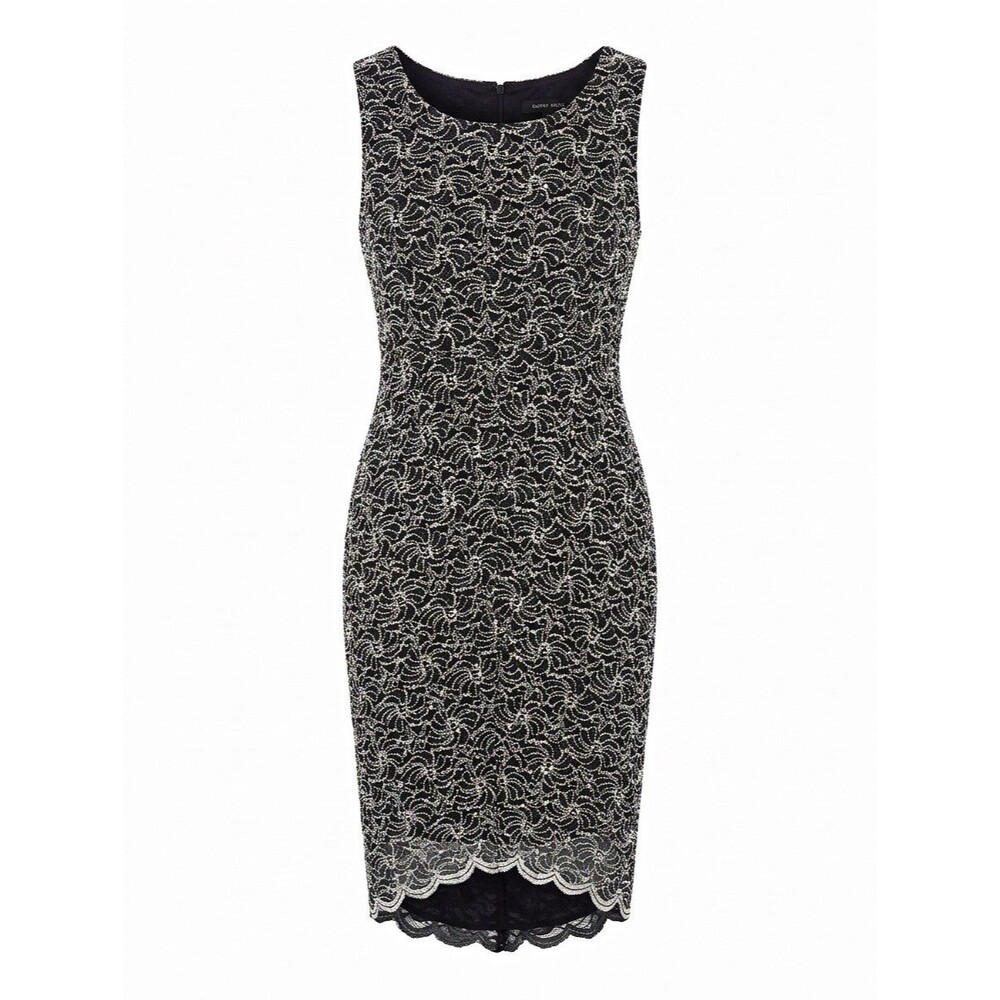 Women’s Cocktail Formal Holiday party Dress 14 Black Silver Sequin Lace Sheath